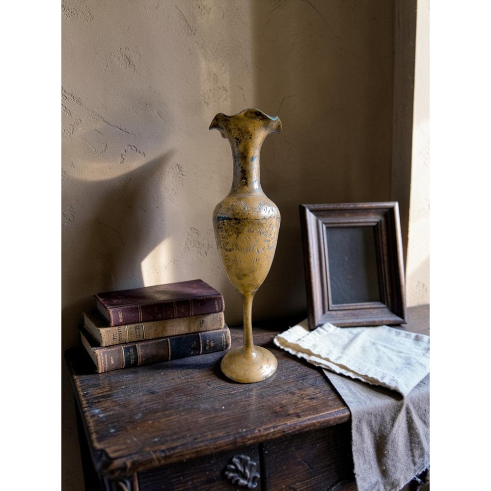 Vintage Etched Brass Vase – Floral Victorian Decor